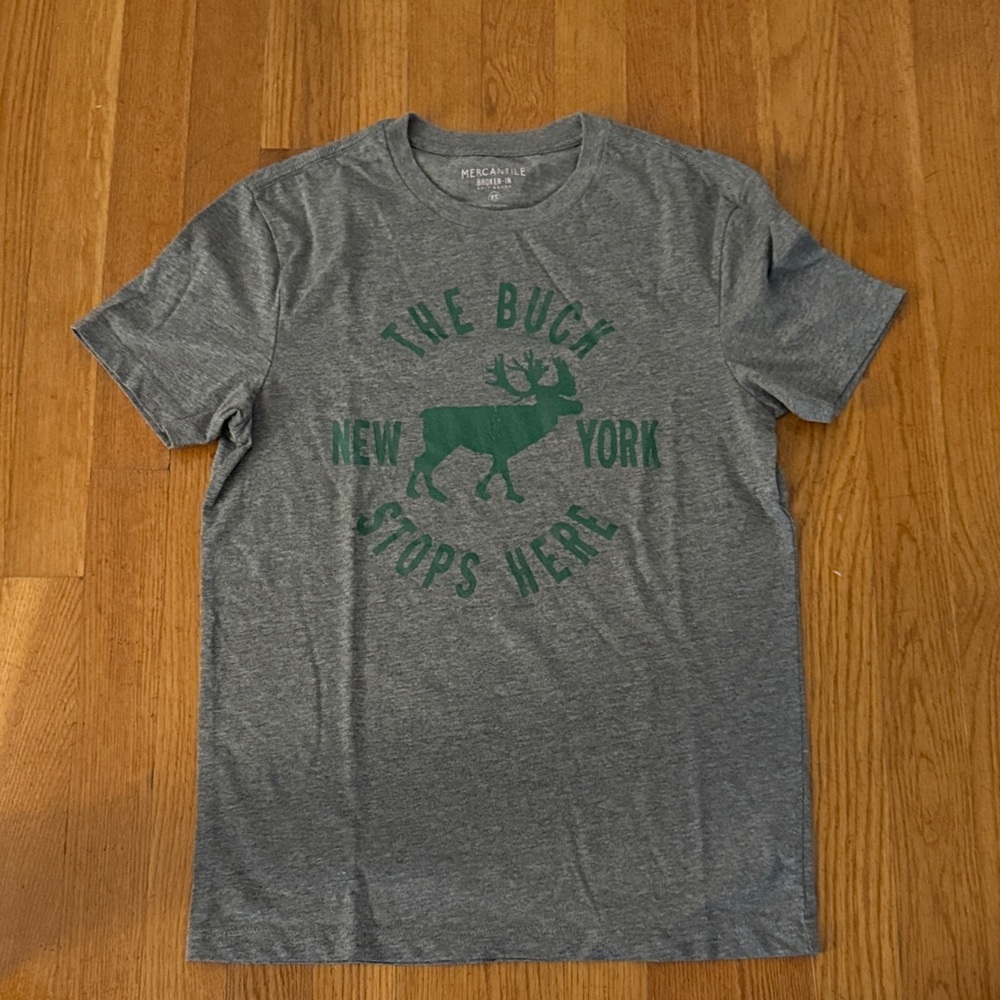 J. Crew Heather Gray Tee Shirt Top with Forest Green Print